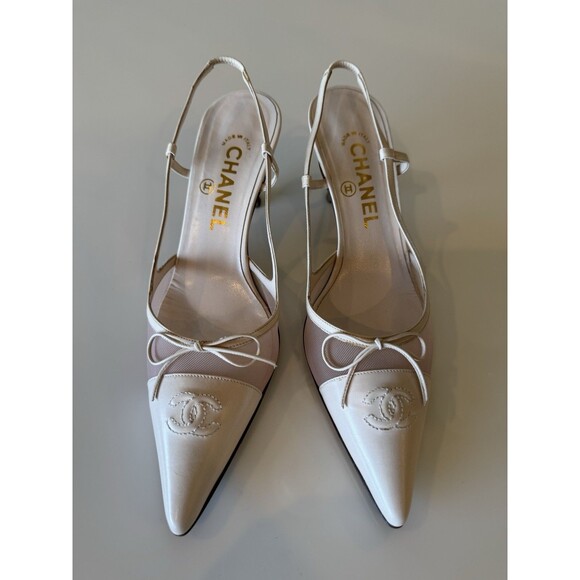 Chanel Iconic "CC" Light Pink Toe Cap Bow Mesh Slingback Heels Italy Size 39 - Picture 2 of 10
